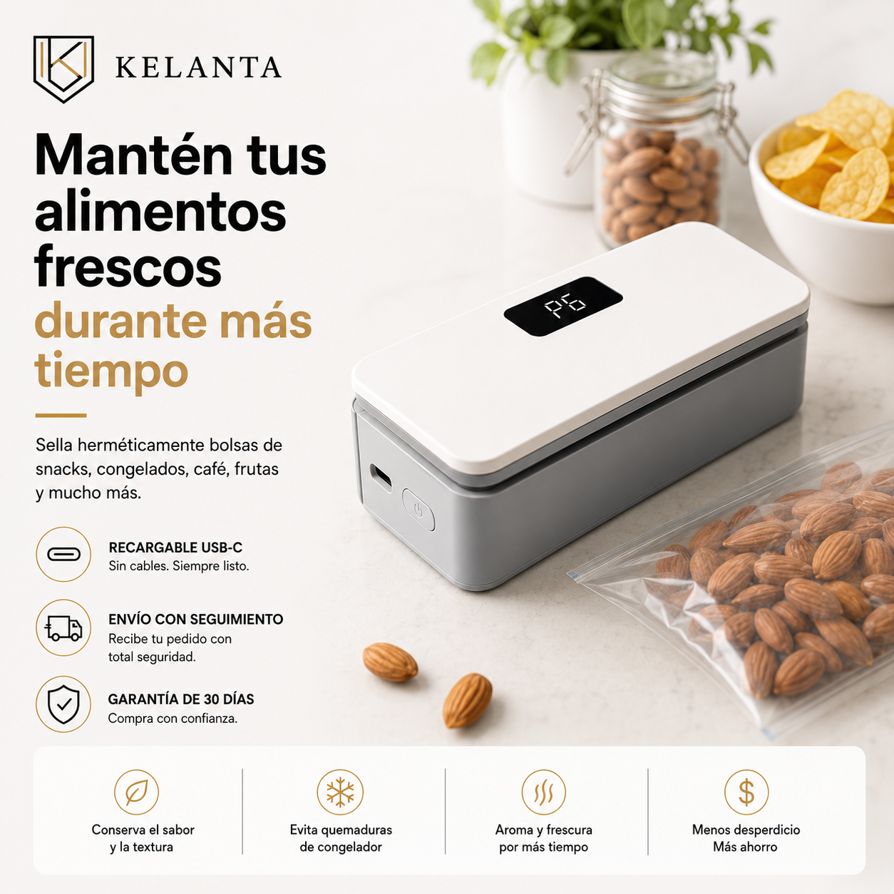 Sellador de Bolsas 2 en 1 con Cortador Oculto — Recargable USB-C