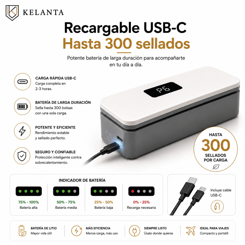 Sellador de Bolsas 2 en 1 con Cortador Oculto — Recargable USB-C