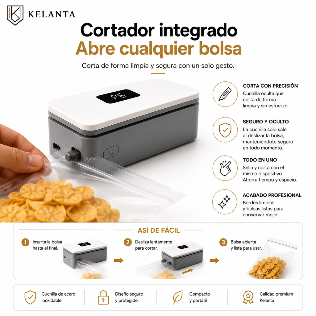 Sellador de Bolsas 2 en 1 con Cortador Oculto — Recargable USB-C