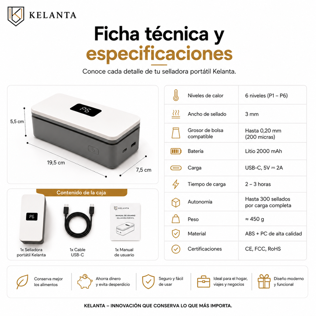 Sellador de Bolsas 2 en 1 con Cortador Oculto — Recargable USB-C
